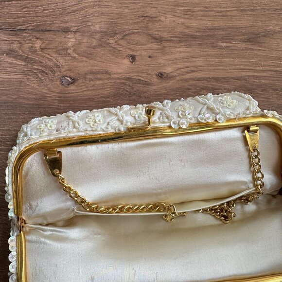 Vintage Cream Convertible Clutch Evening Bag With Sequins & Beads Hand Made - Picture 8 of 11